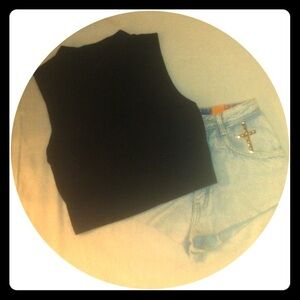 Forever 21 Black Crop Top and Light Blue Denim Shorts